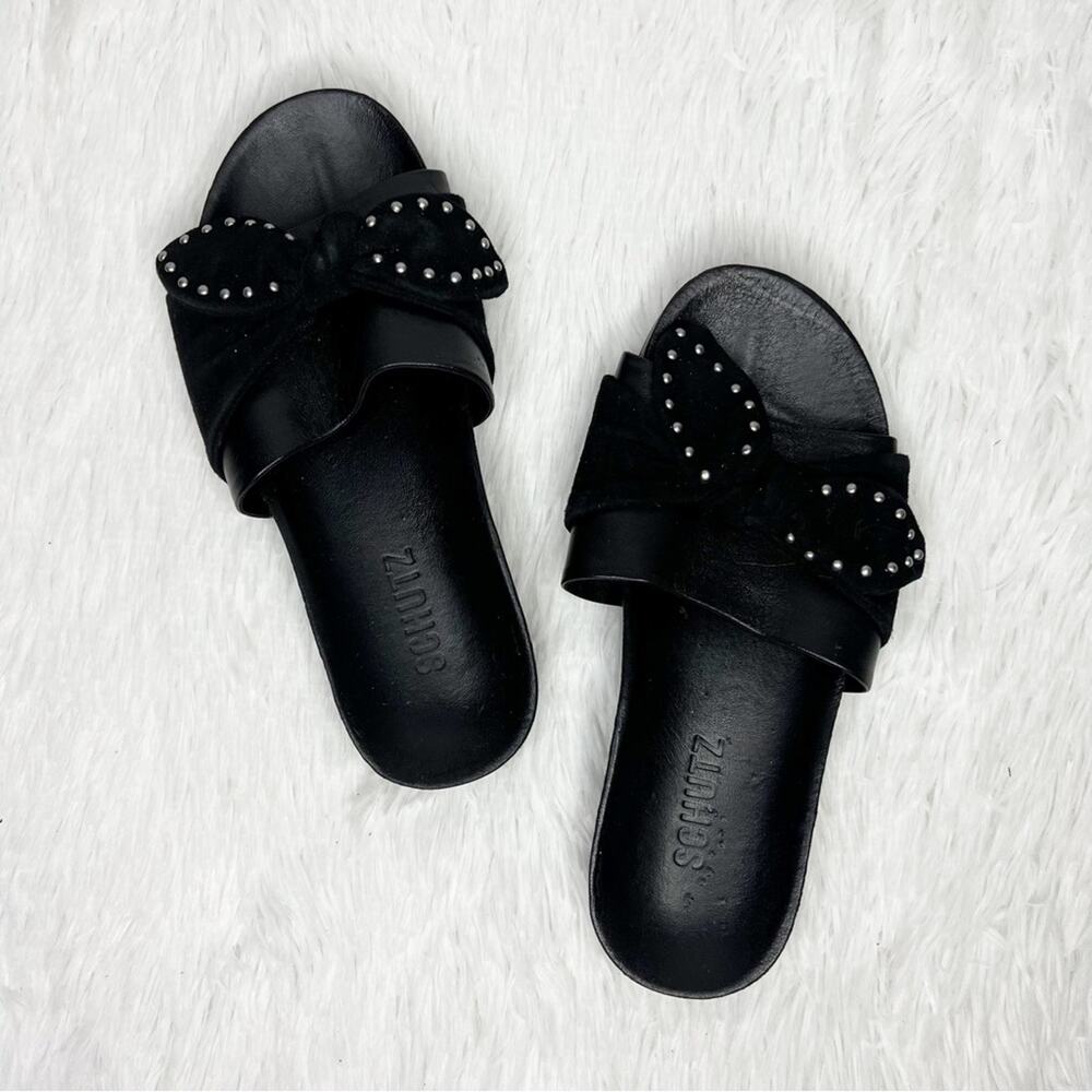 SCHUTZ / black slide sandals bow grommet studded / 5.5